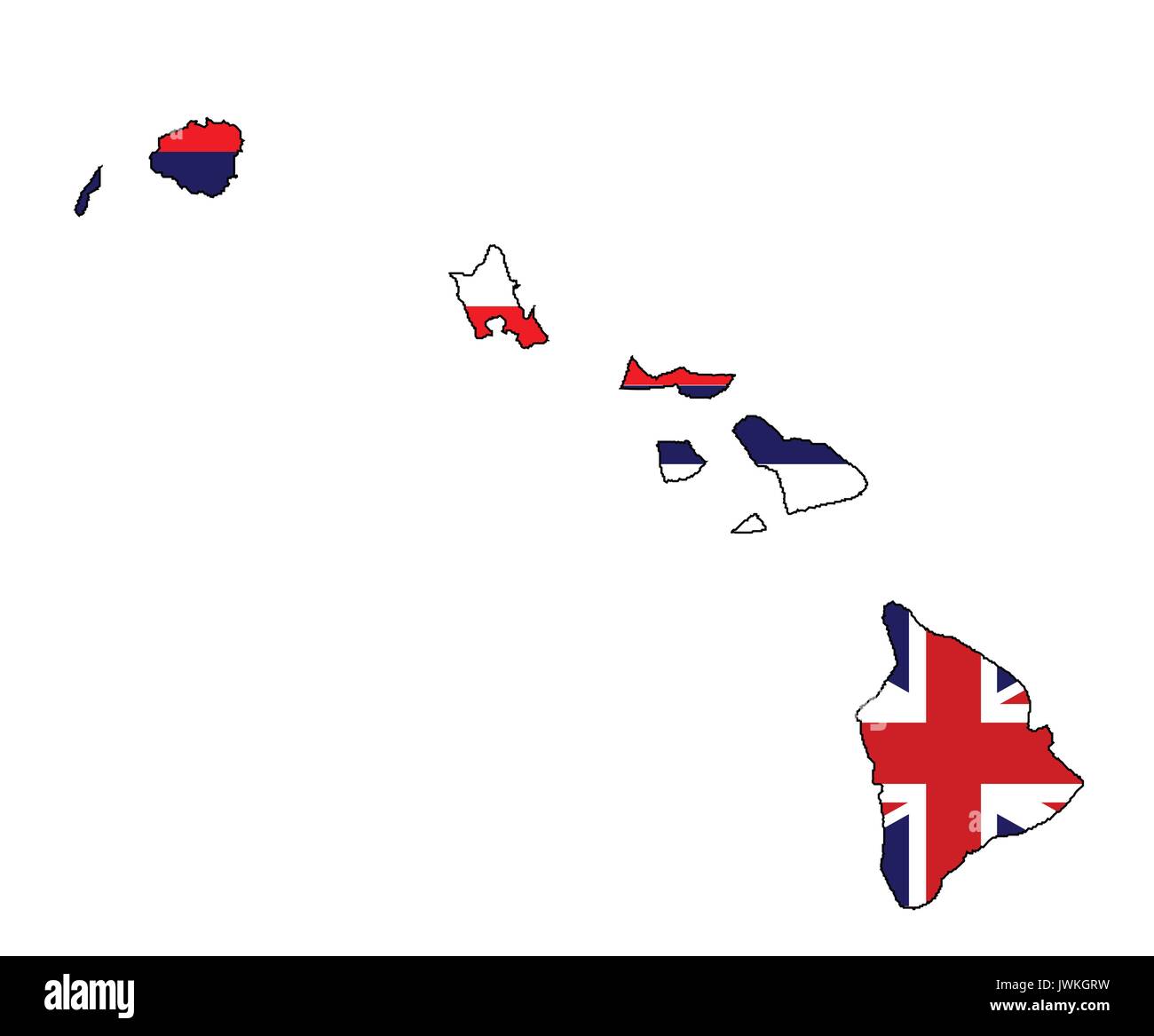 Outline map of the islans of Hawaii over a white background with flag ...