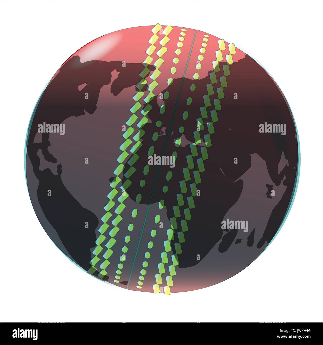 A leather cricket ball and Earth globe set against a white background