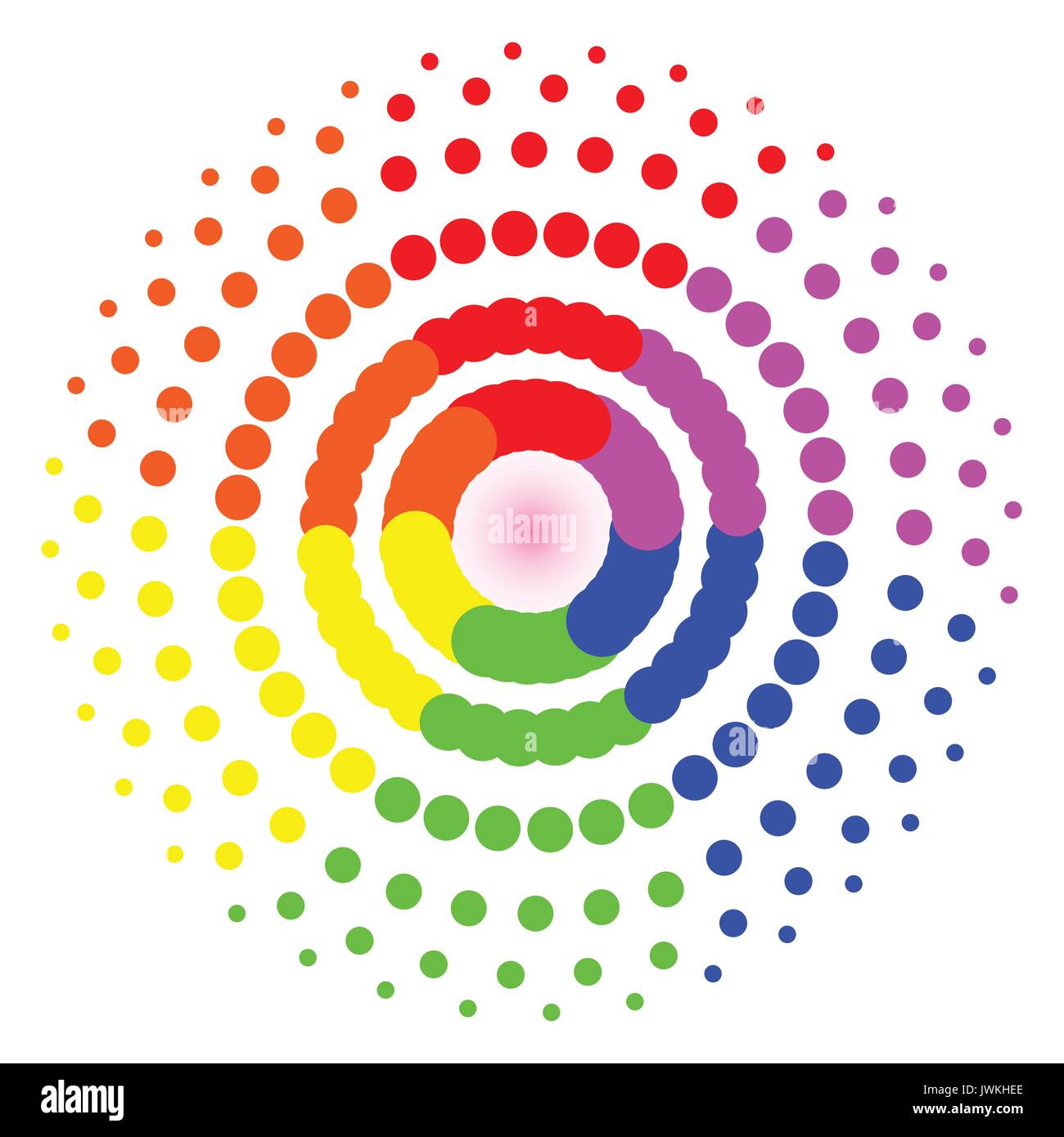A circular dot pattern in the LGBT rainbow colours on a white background Stock Vector