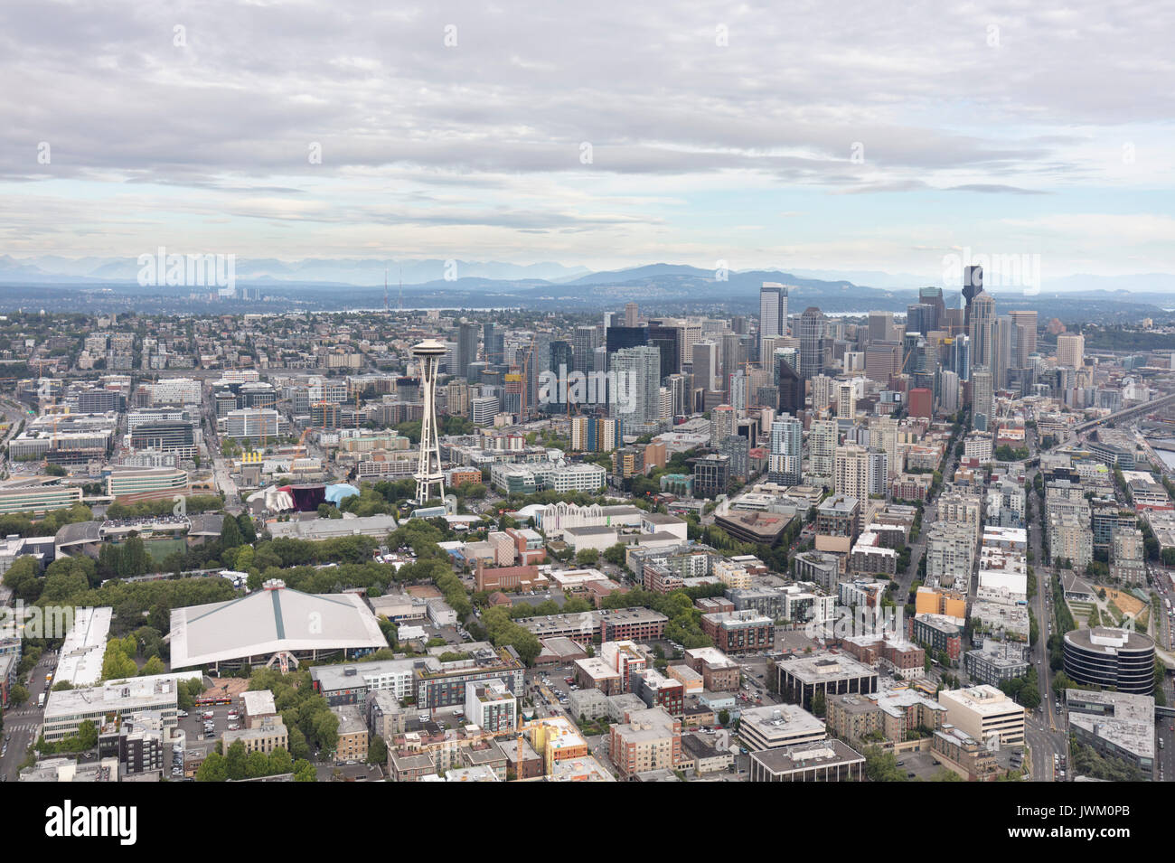 aerial view of the Space Needle, Seattle Center and downtown