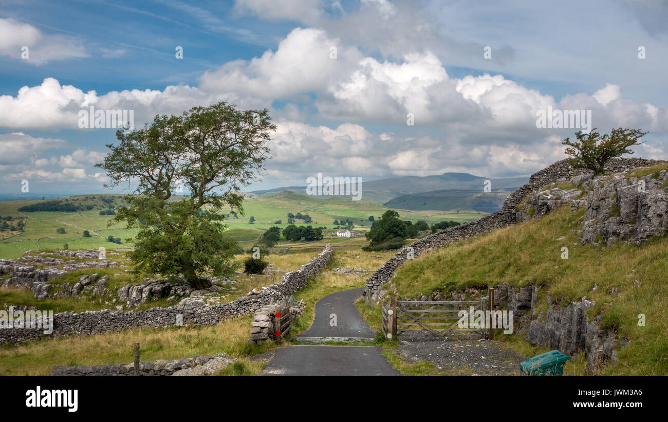 Countryside landscape Yorkshire Dales: picturesque views to Ingleborough from Langcliffe Scar - Henside Lane Stock Photo