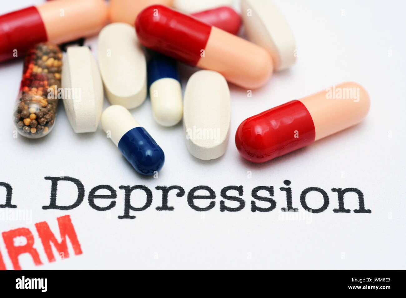 Pills on depression text Stock Photo Alamy