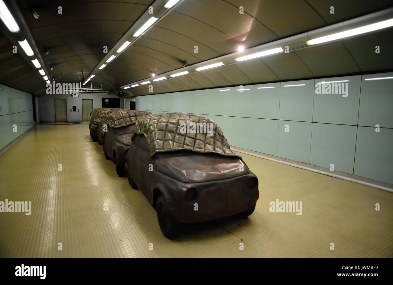 Naples, Italy. New Underground Line 1. The new underground Salvator Rosa station. The station was designed by architect Alessandro Mendini. The work of art by Perini and Vele titled 'FIAT 500' is placed in one of the station corridors. Stock Photo