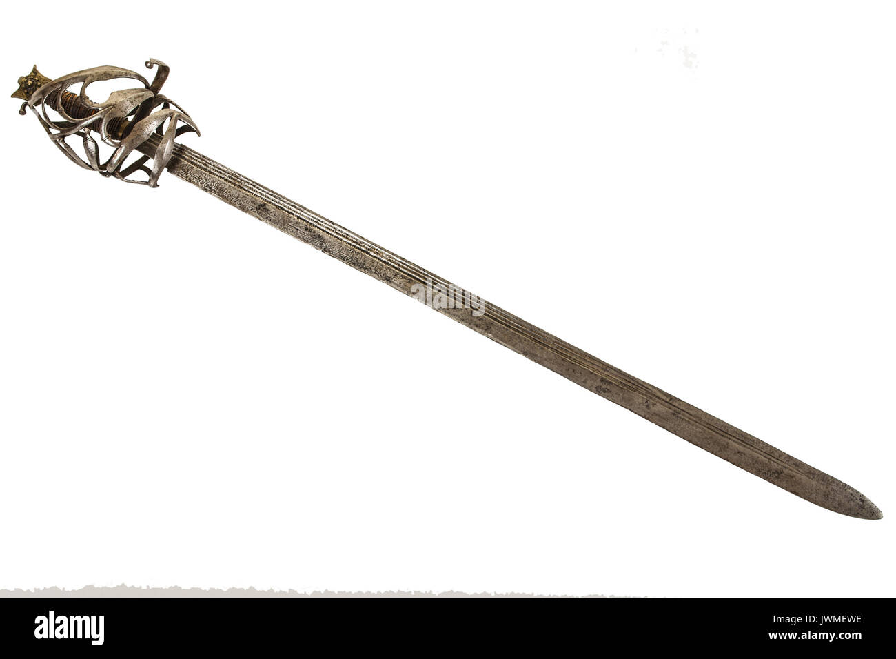 A fine antique Italian basket-hilt sword schiavona isolated on white Stock Photo