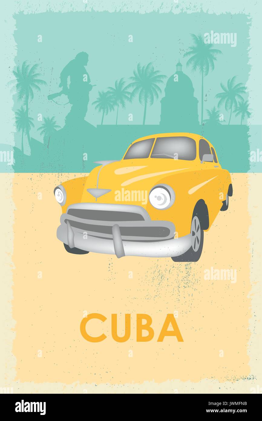 Cuba travel symbols - capitol, old car, palms, Che Guevara monument. Retro poster. Stock Vector