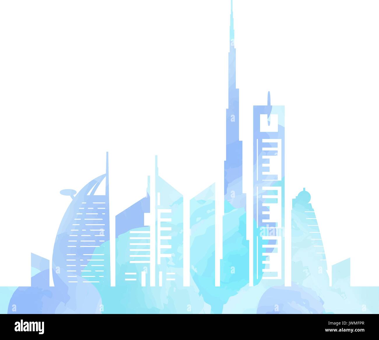 Dubai cityscape with skyscrapers and landmarks watercolor painting vector illustration Stock Vector