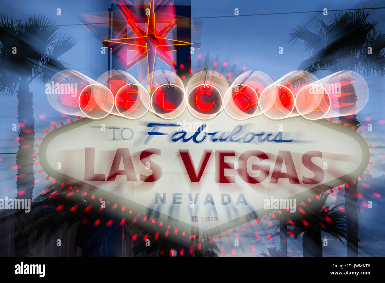 The iconic 'Welcome to Fabulous Las Vegas' neon sign greets visitors to Las Vegas traveling north on the Las Vegas strip. Stock Photo