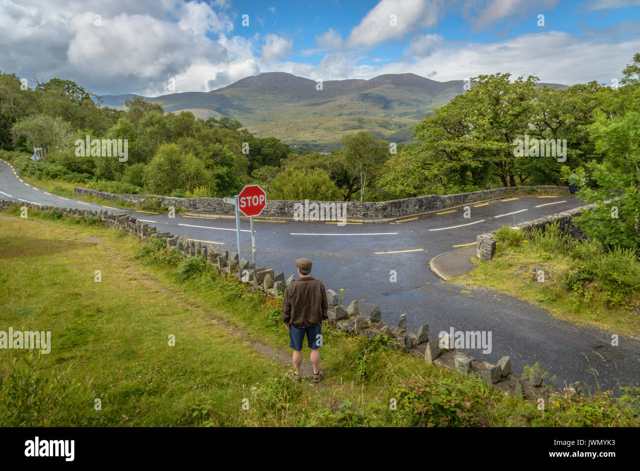 Ireland Mountains Roadway and Fork in the Road Stock Photo