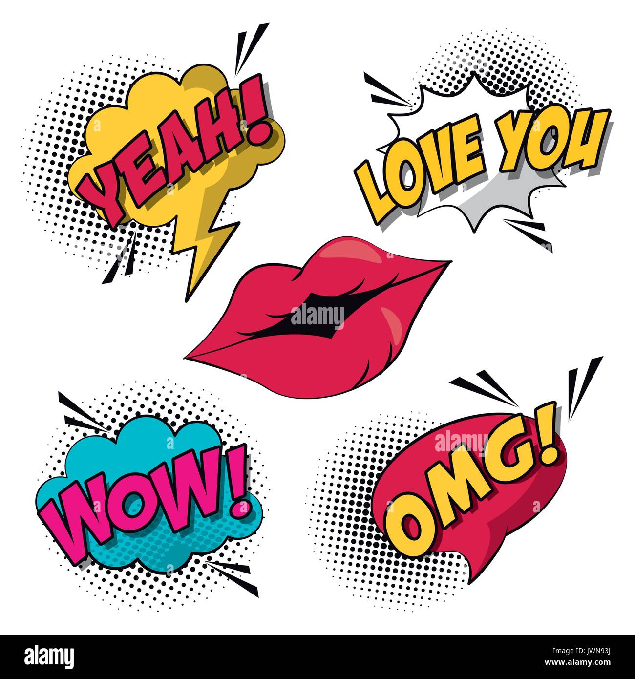 white background elements pop art style with halftone and lips with callout  and text inside Stock Vector Image & Art - Alamy