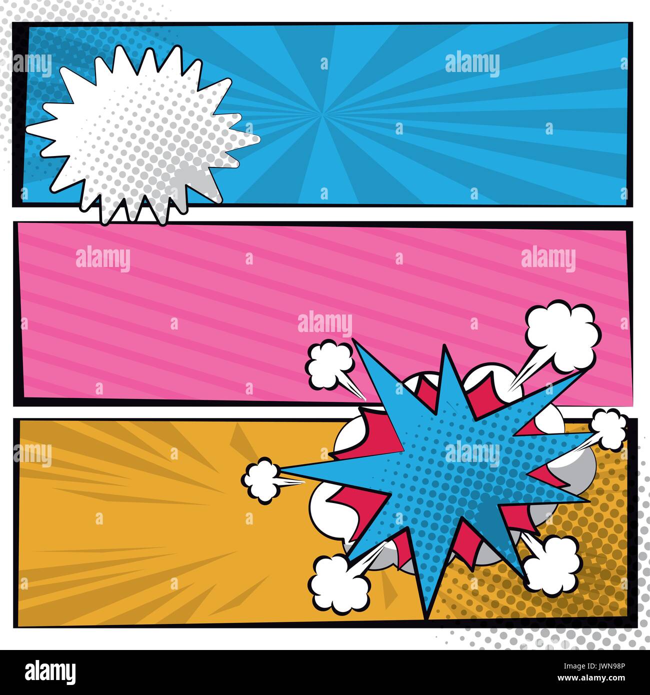Multicolored Square Banner In Pop Art Style Halftone With Stripes