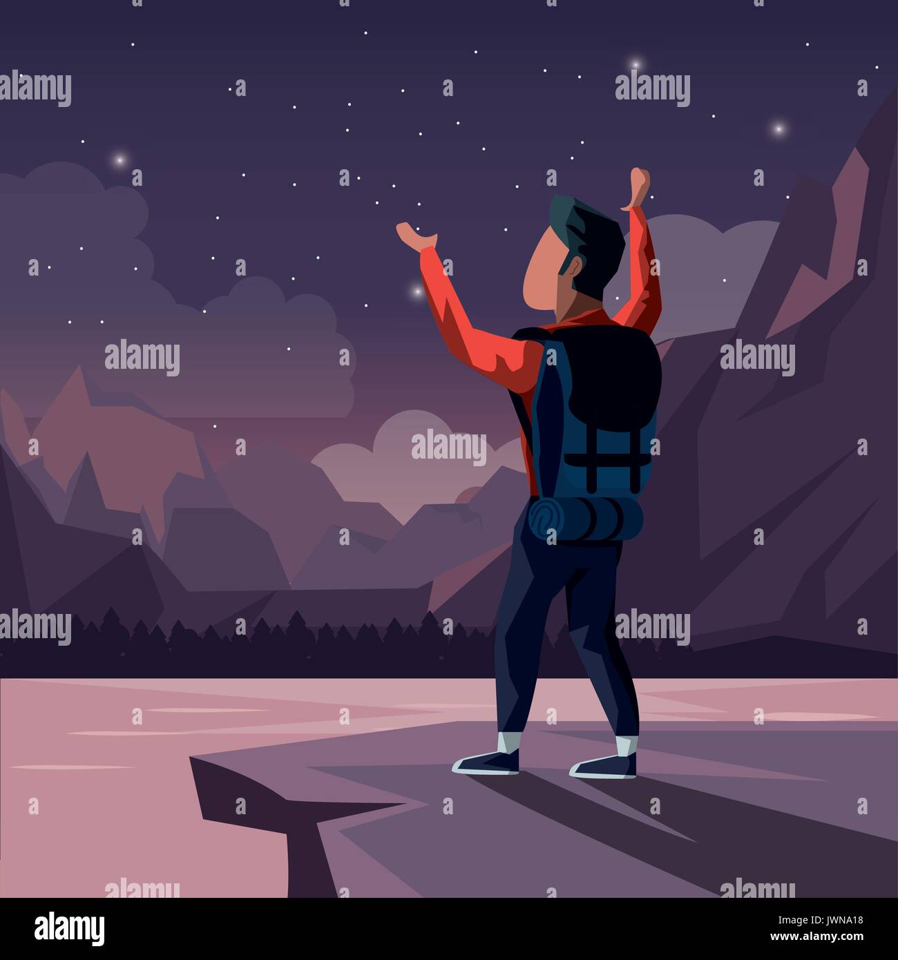 colorful night landscape of climber man celebrating at the top of ...