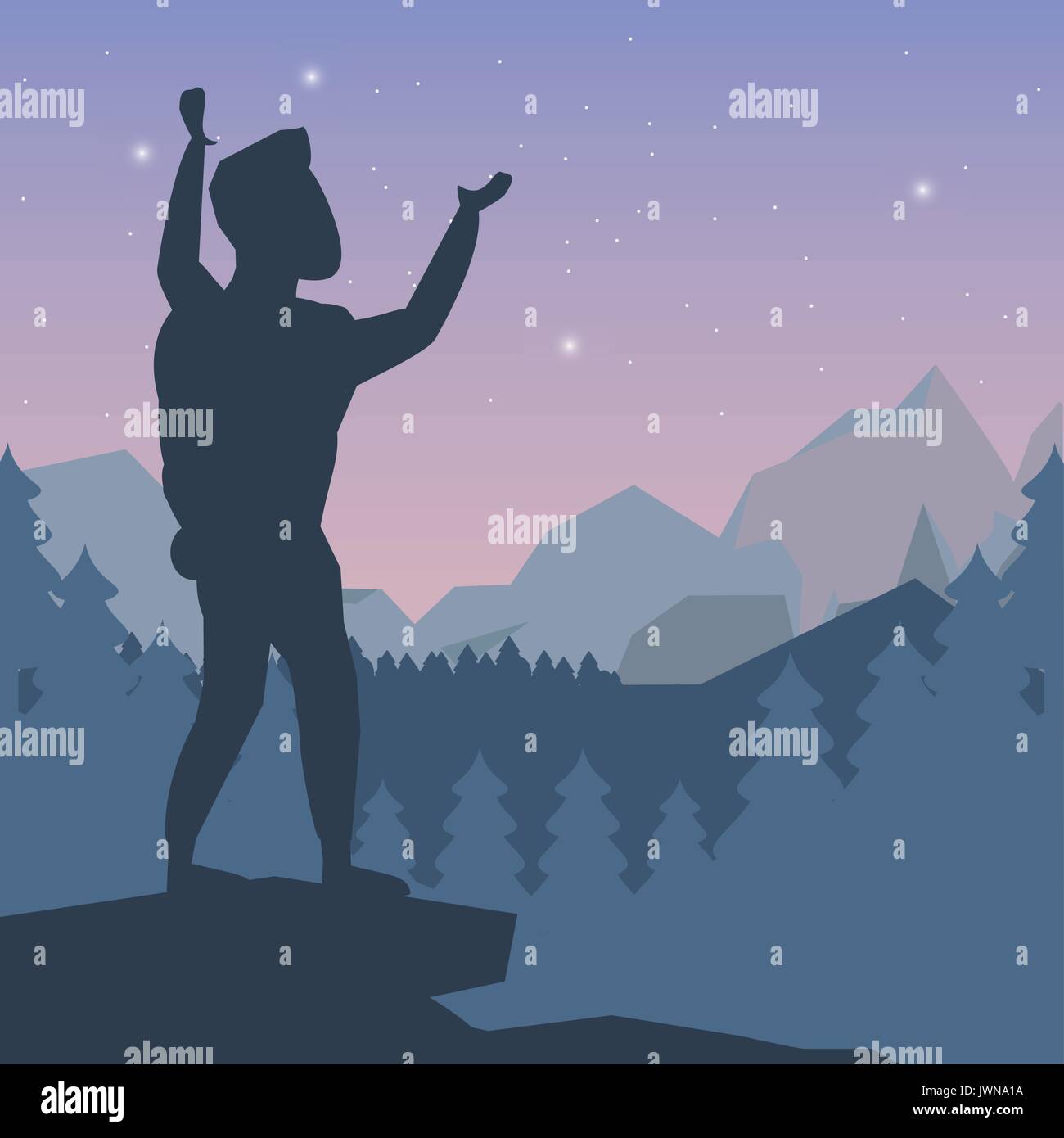 color night landscape silhouette of climber man celebrating at the top ...