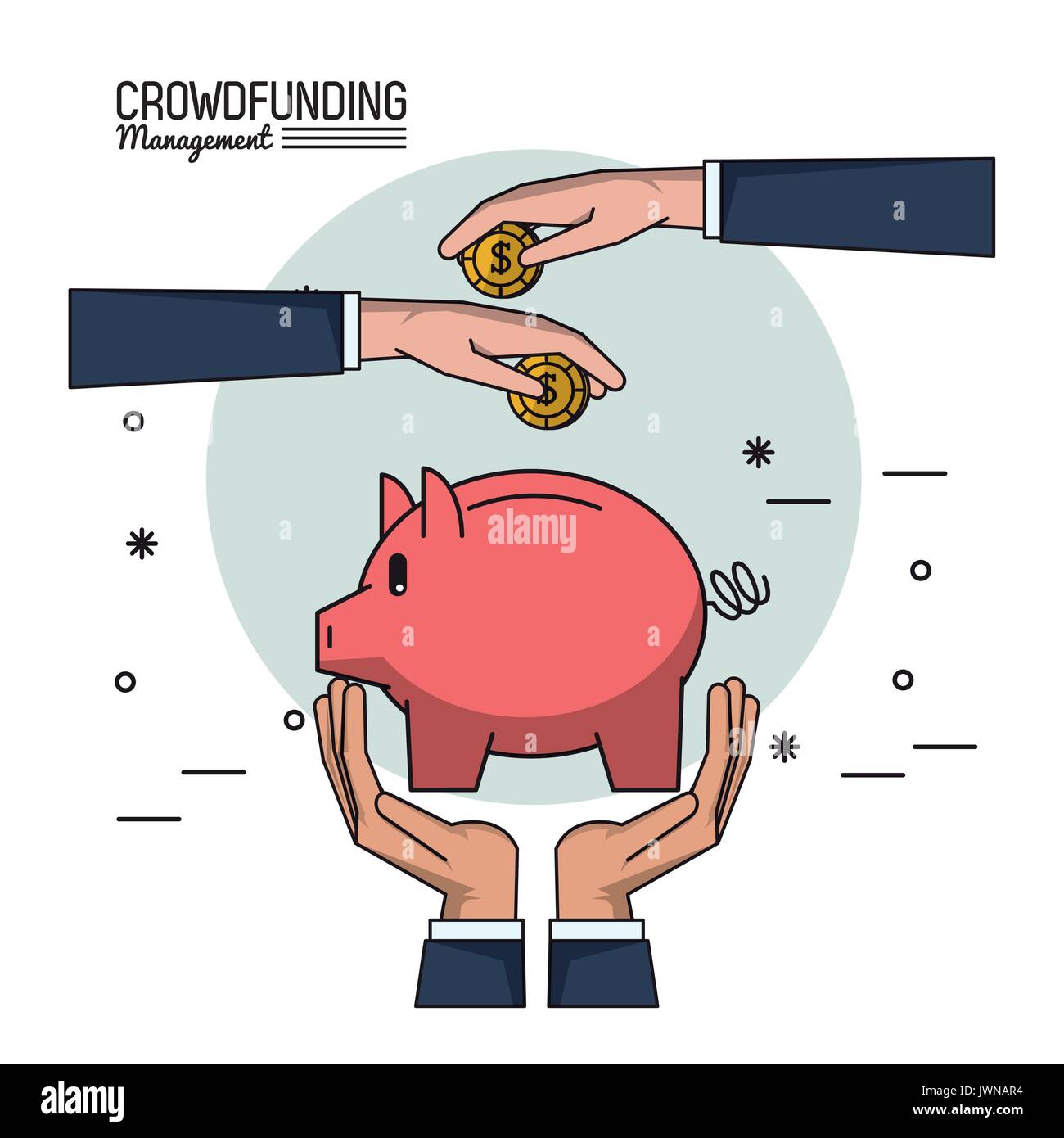 colorful poster of crowd funding management with hands holding up money