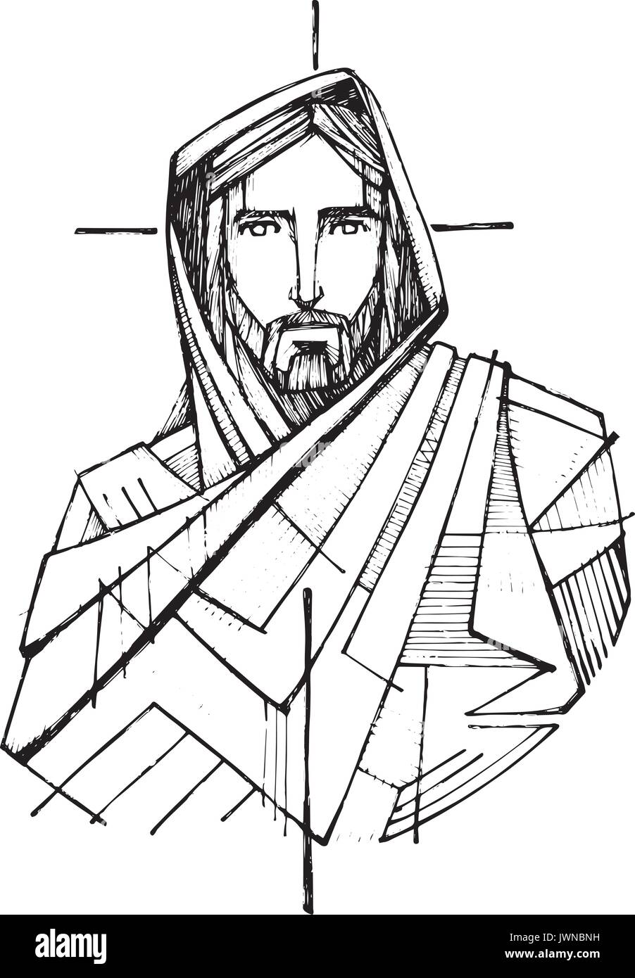 Hand drawn ink vector illustration or drawing of Jesus Christ and a ...