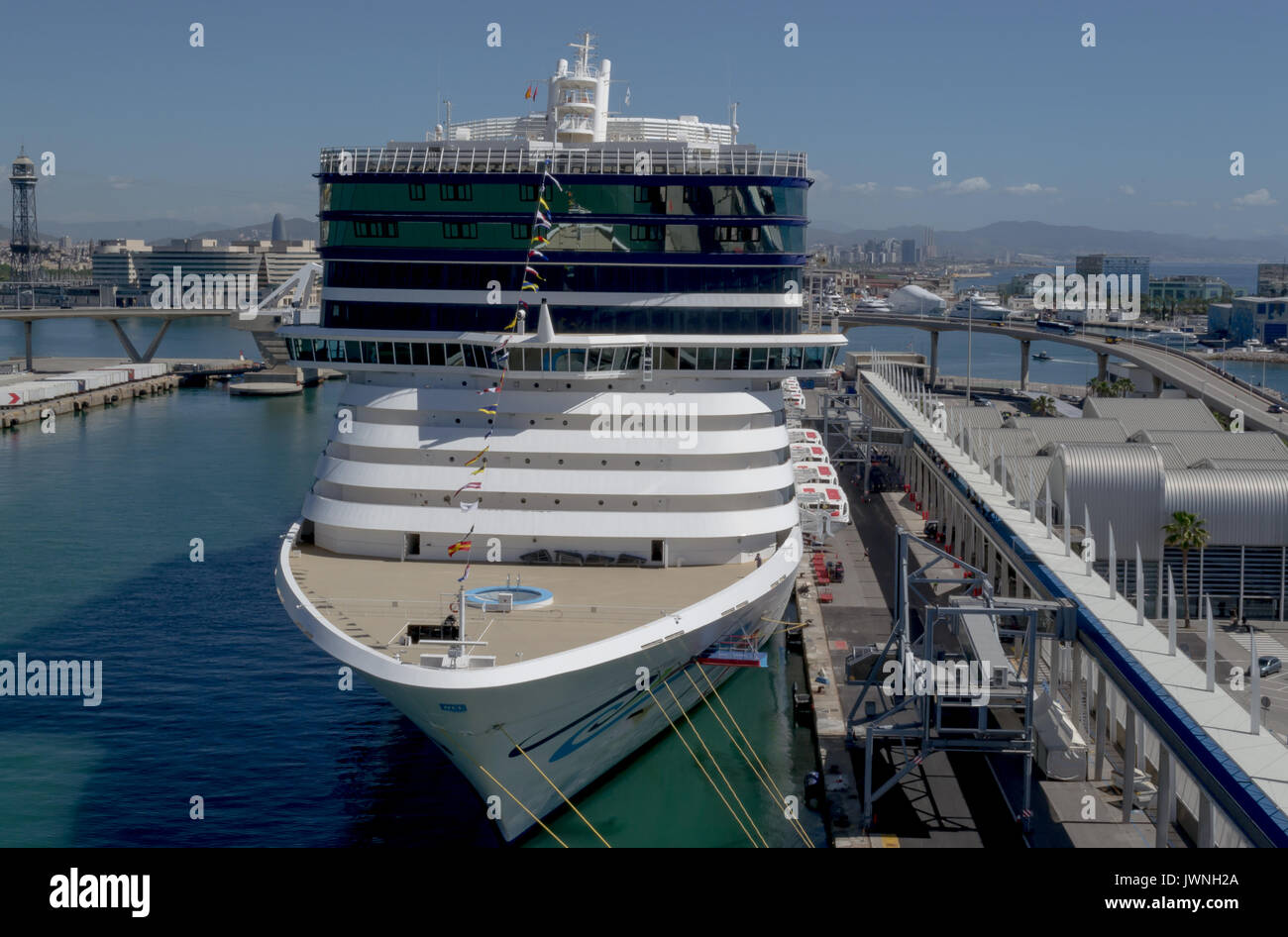 Front of Norwegian Epic, Norwegian Cruise Line  - Barcelona Cruise Port, Spain - 07 May, 2017: Cruise ship is ready to leave for a Mediterranean trip. Stock Photo