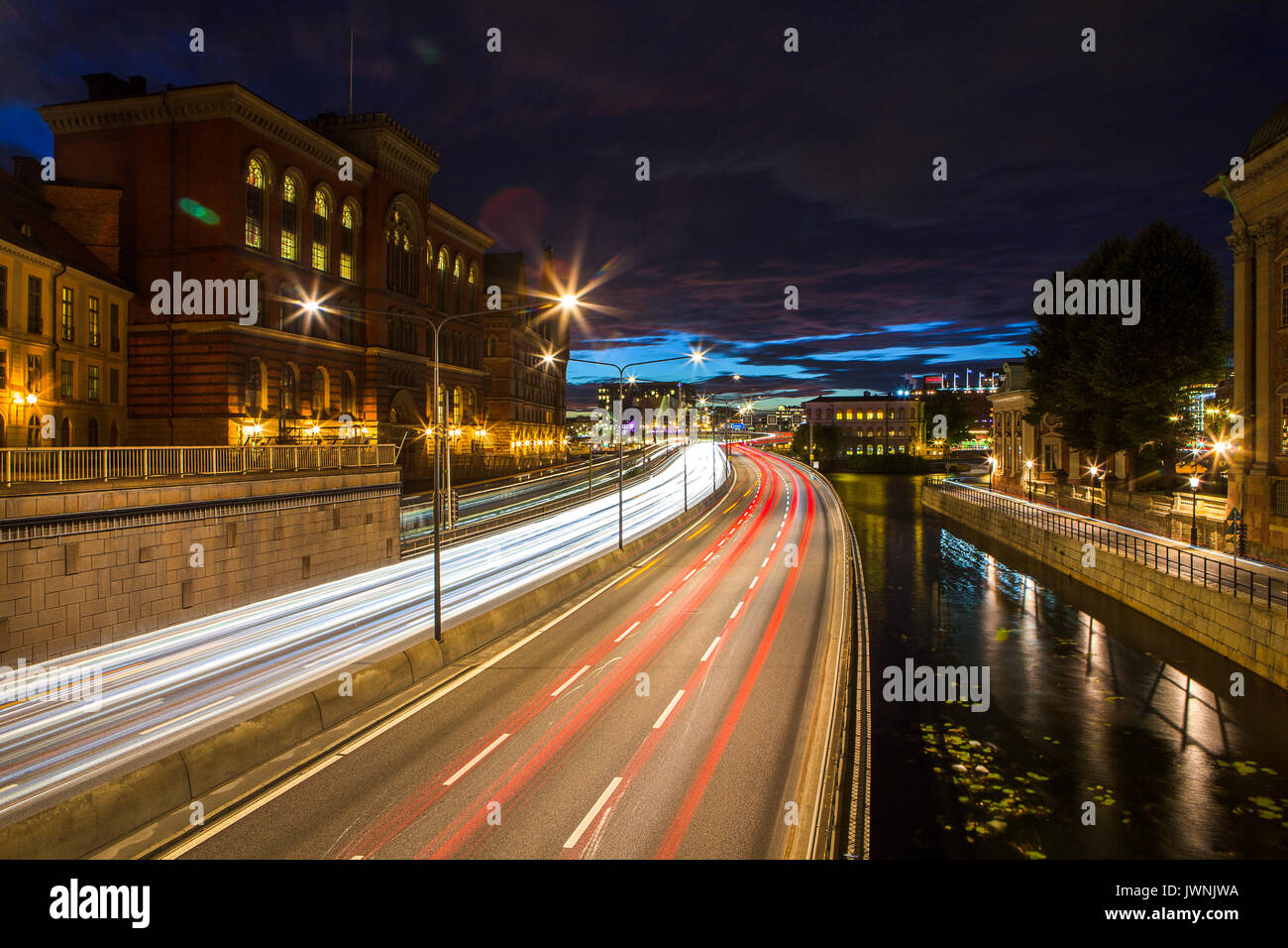 Scenic summer night view of city traffic. Stockholm, Sweden. Stock Photo