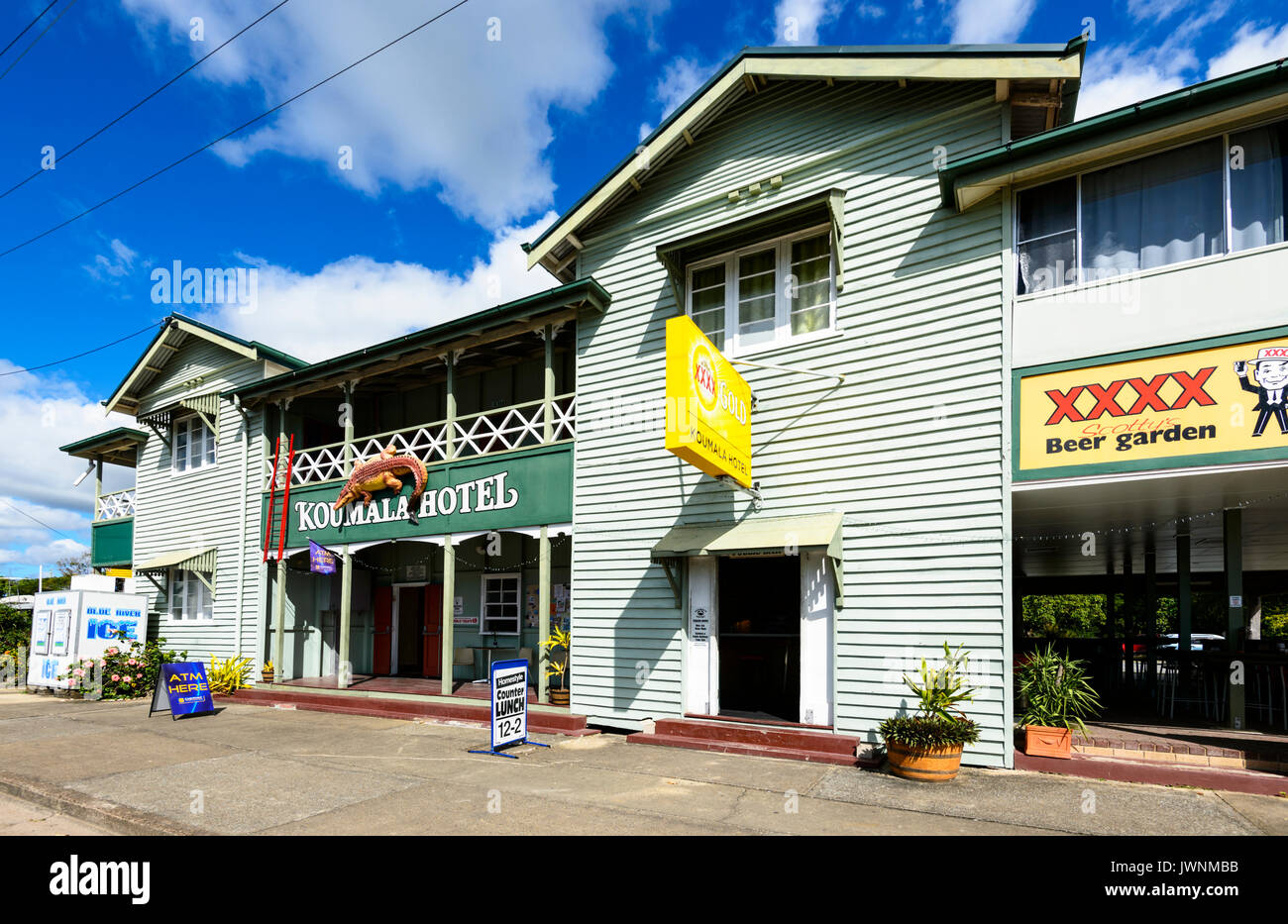 Koumala Hotel front decorated with a crocodile, Queensland, QLD, Australia Stock Photo