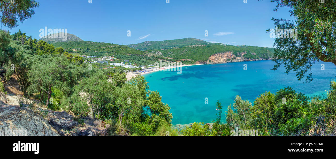 Summer scene - Olive trees and Lichnos beach near Parga, Greece - Ionian Sea - Panorama Stock Photo