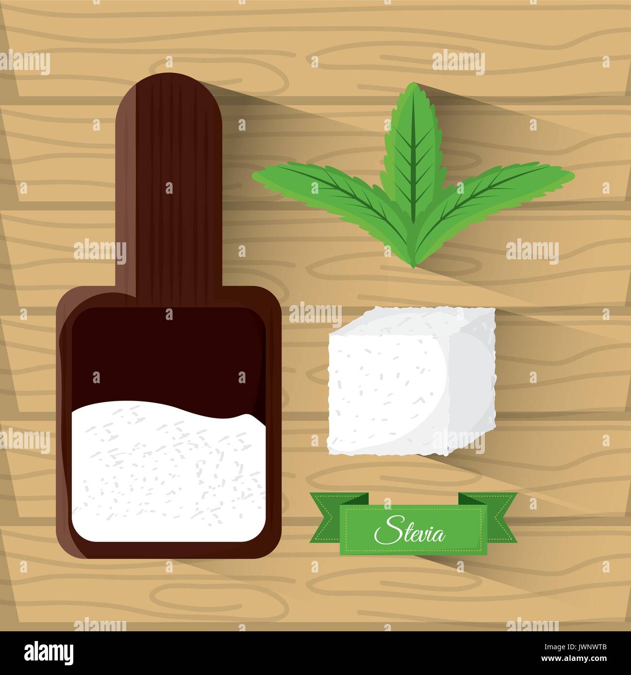 stevia natural sweetener leaves and spoon Stock Vector