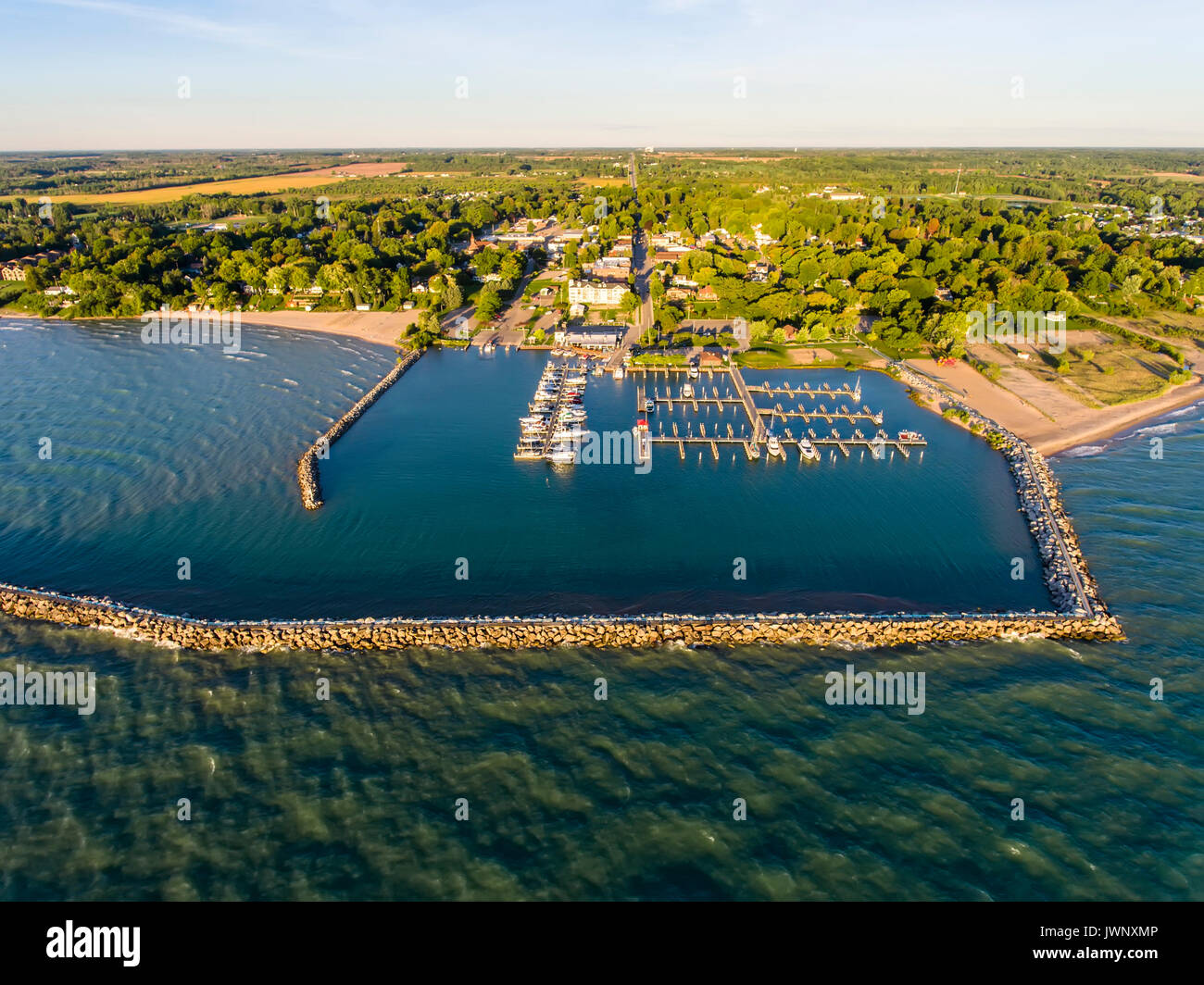 Aerial view of Lexington Michigan on Lake Huron showing a man made