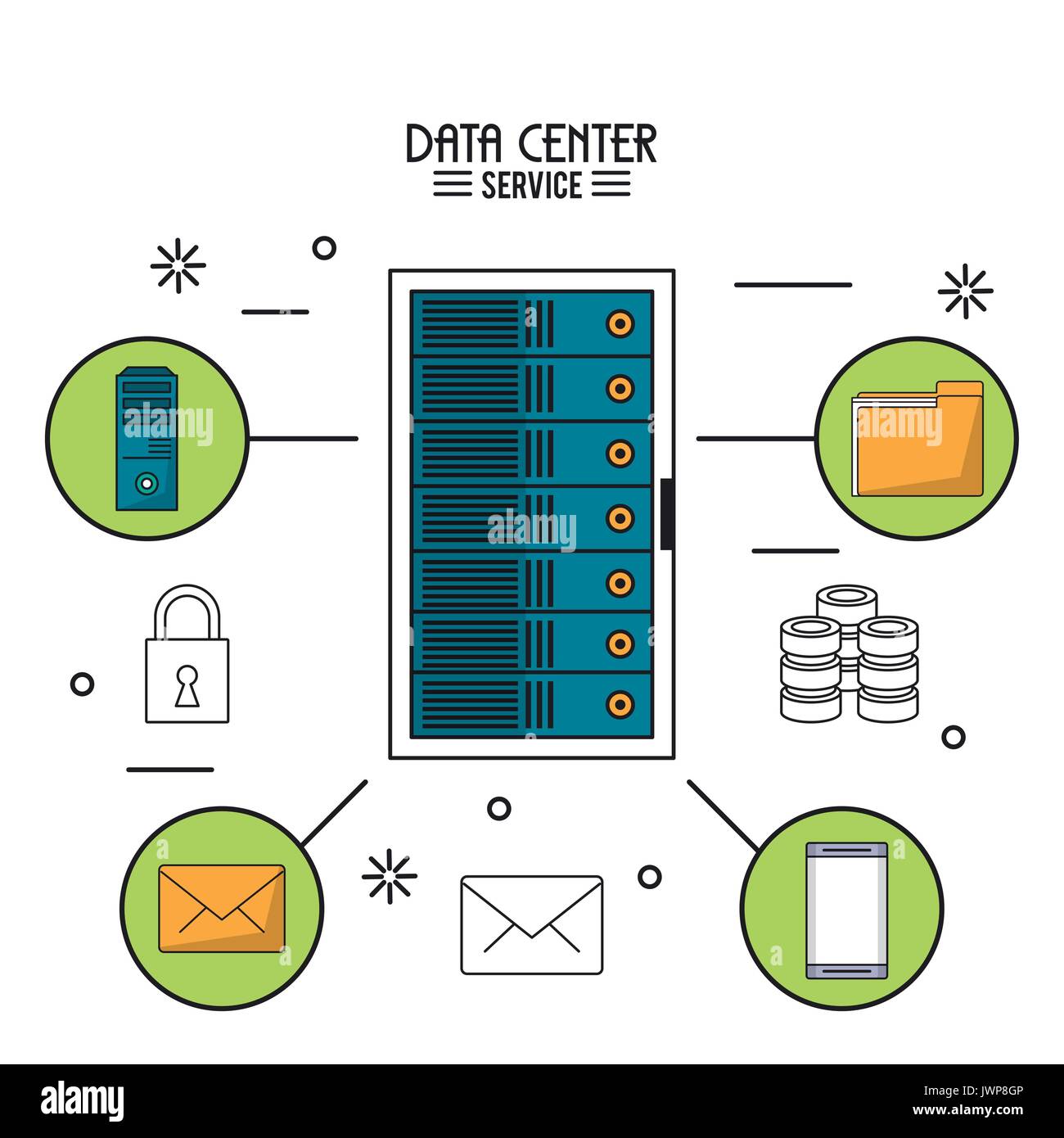 colorful poster of data center service with rack server and icons ...