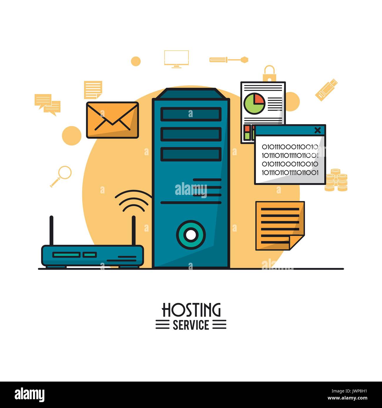 colorful poster of hosting service with tower server and wireless ...