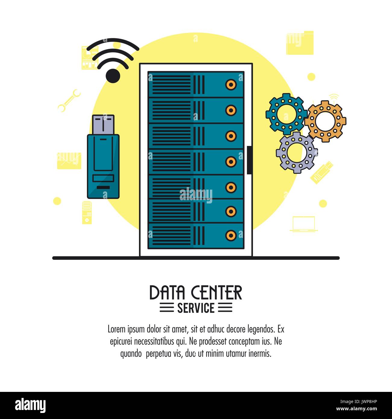 colorful poster of data center service with rack server and usb memory ...