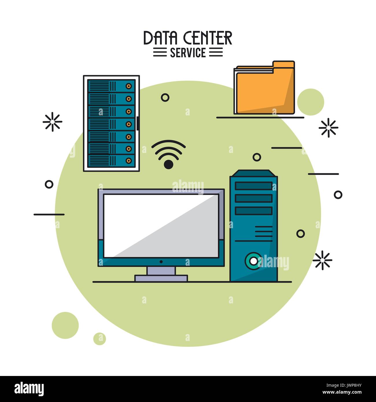 colorful poster of data center service with rack server and tower ...