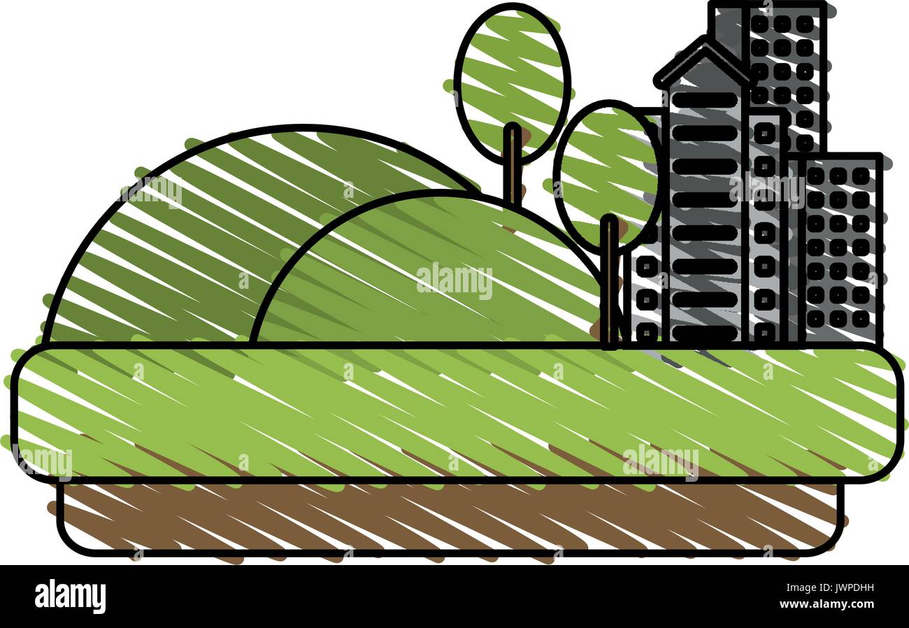 city buildings next to hills grass and trees icon image Stock Vector ...