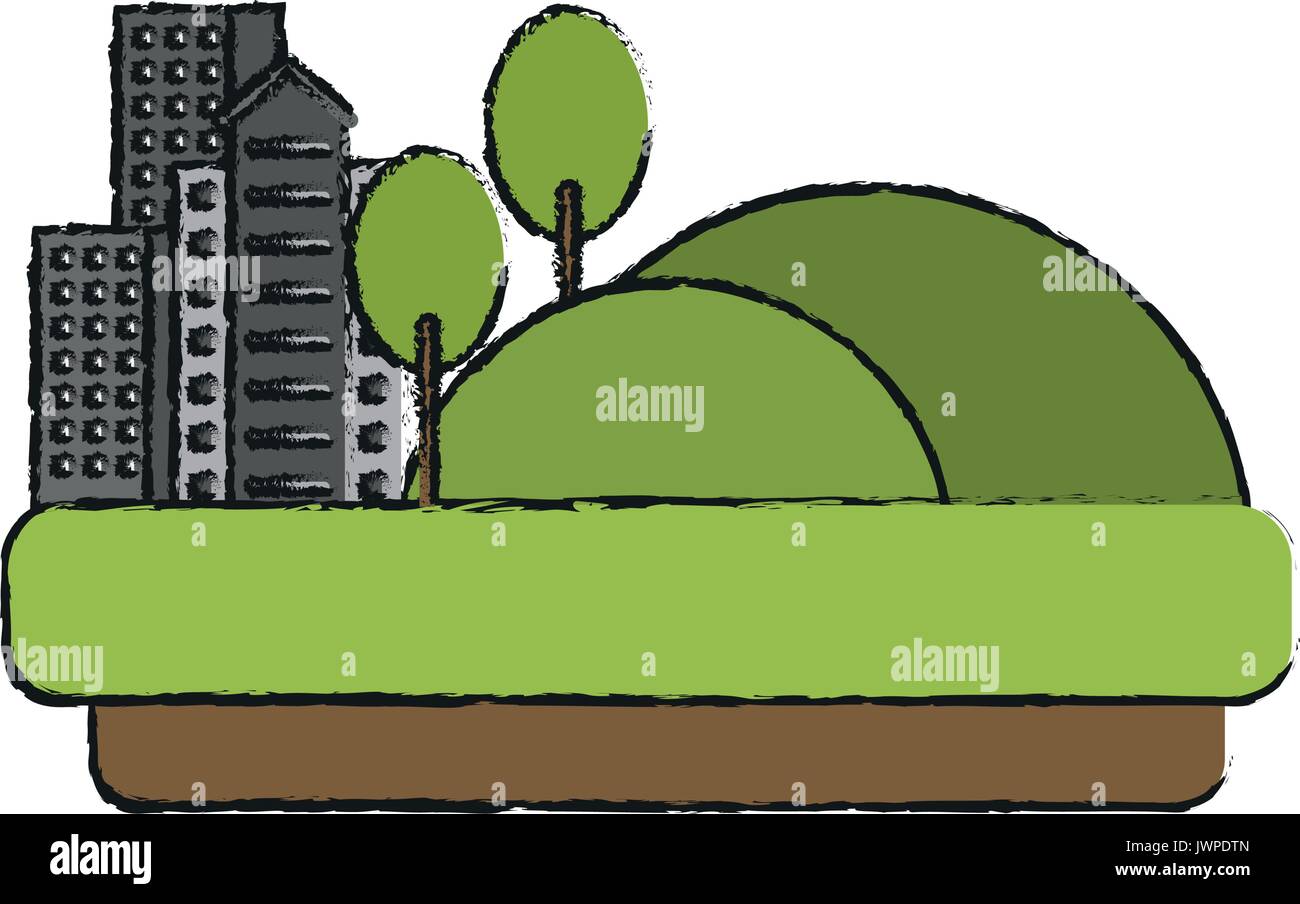 city buildings next to hills grass and trees icon image Stock Vector ...
