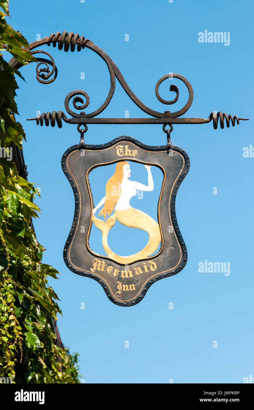 The pub sign for the Mermaid Inn in Rye, East Sussex. Stock Photo