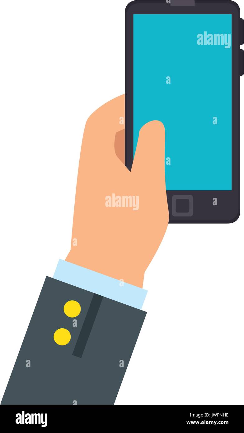 hand holding a smartphone device icon over white background vector ...