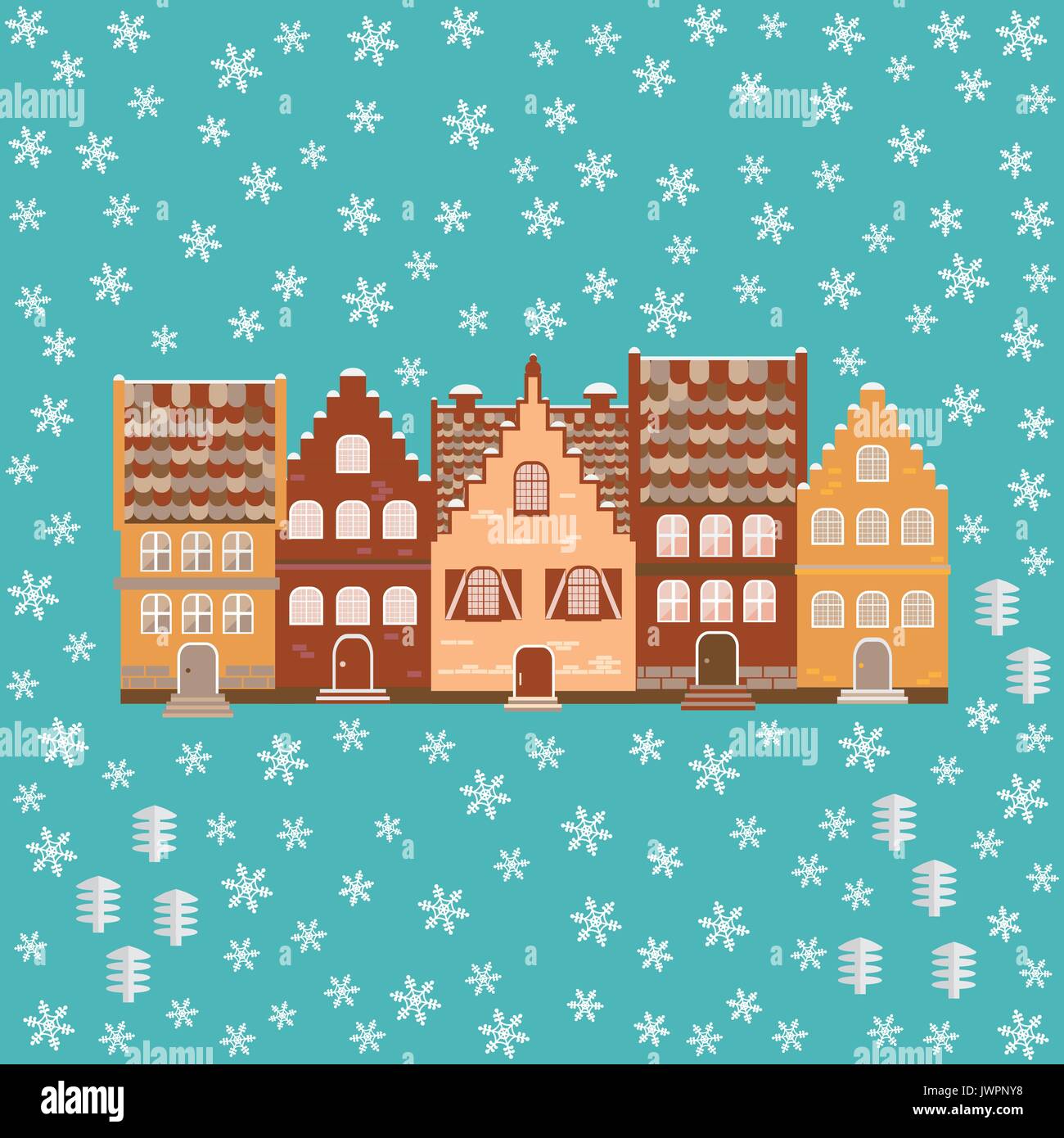 Vector illustration houses in the snow. Design element for postcard ...