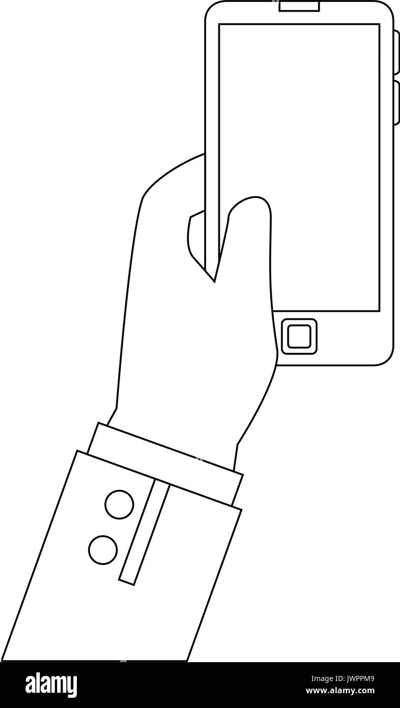 hand holding a smartphone device icon over white background vector ...