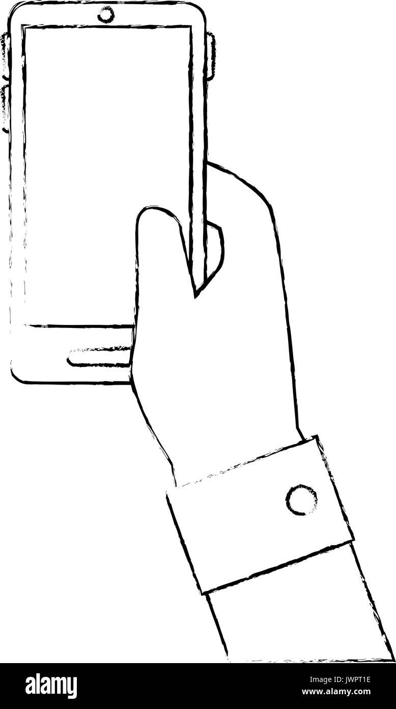 hand holding a smartphone device icon over white background vector ...