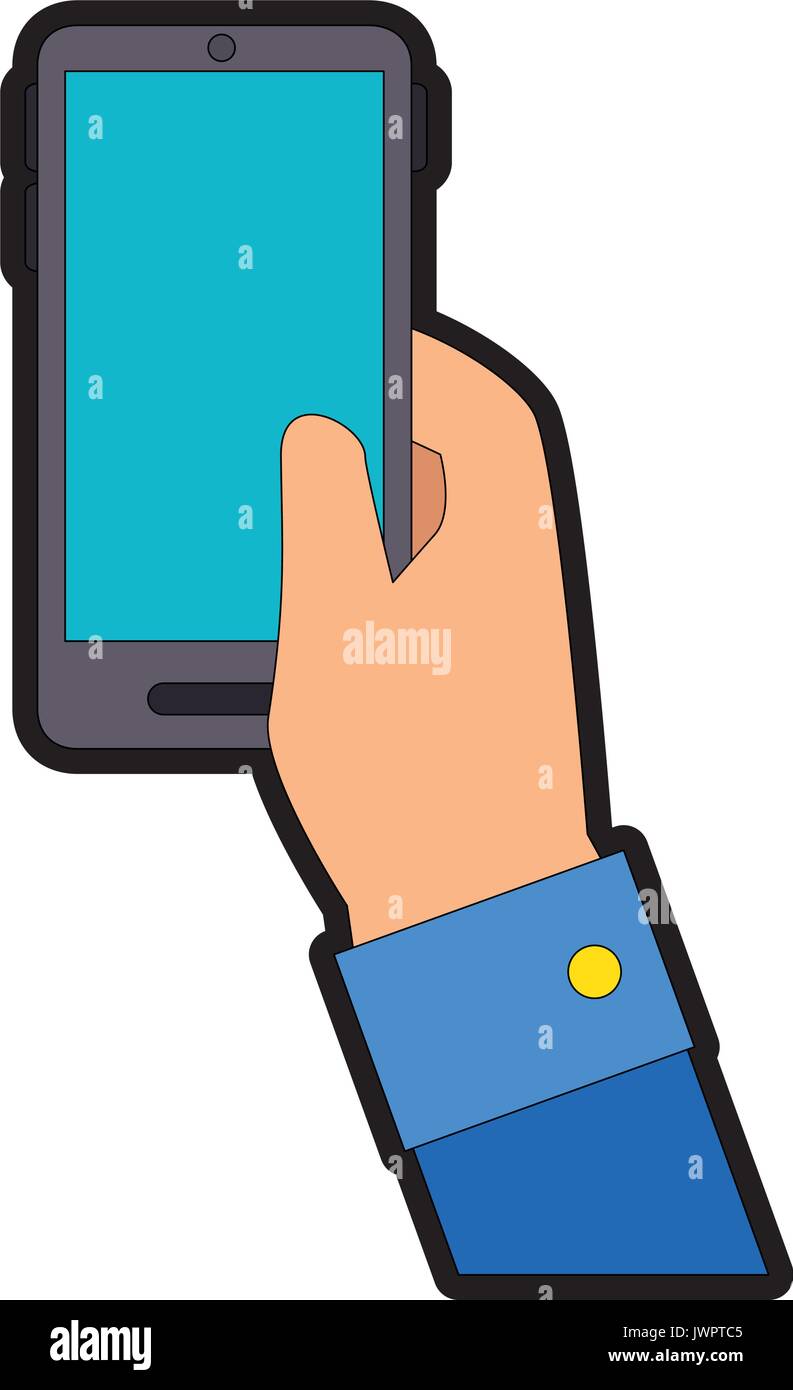 hand holding a smartphone device icon over white background vector ...