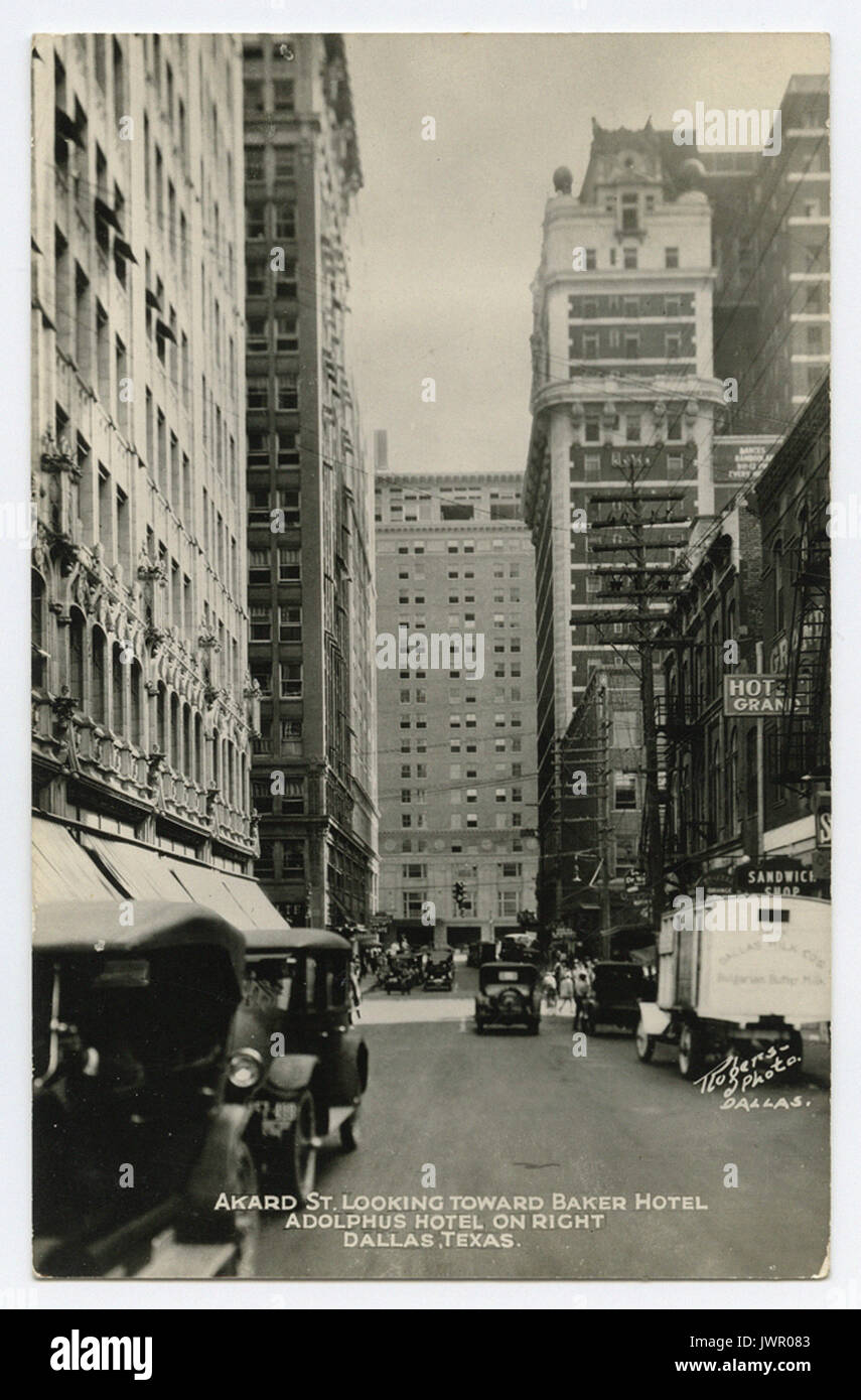 Akard St. Looking Toward Baker Hotel, Adolphus Hotel on Right, Dallas