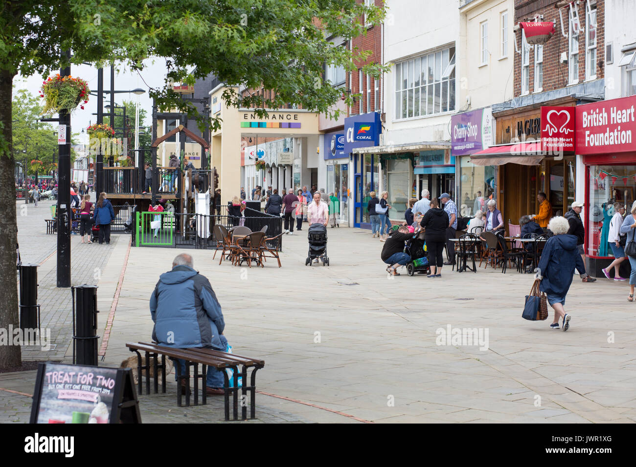 Fareham, a small market town in Hampshire. The photo shows the pedestrianised West Street, the town's main shopping road. Stock Photo