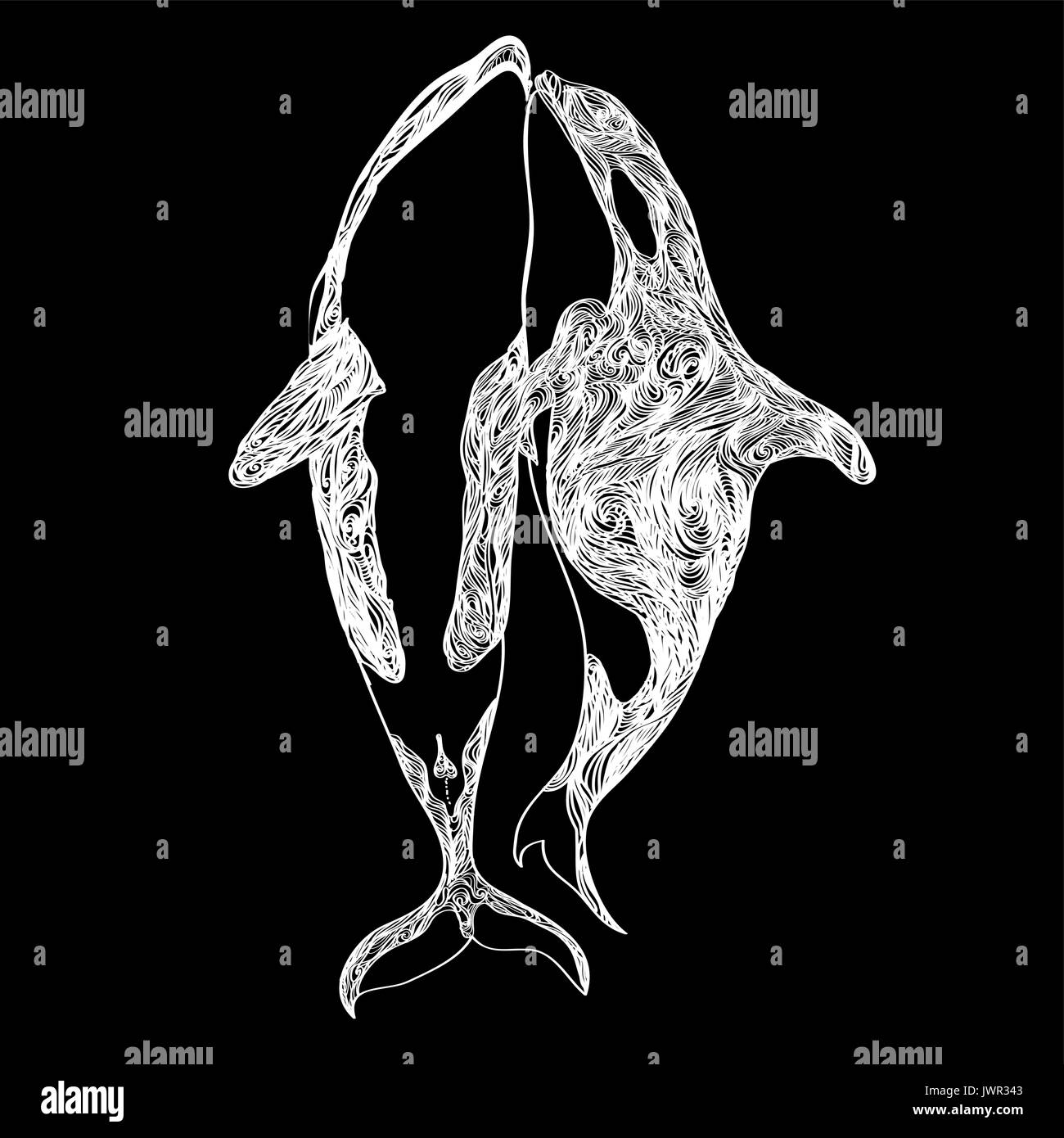Whales are kissing a hand drawn drawing translated into a vector. Stock Vector