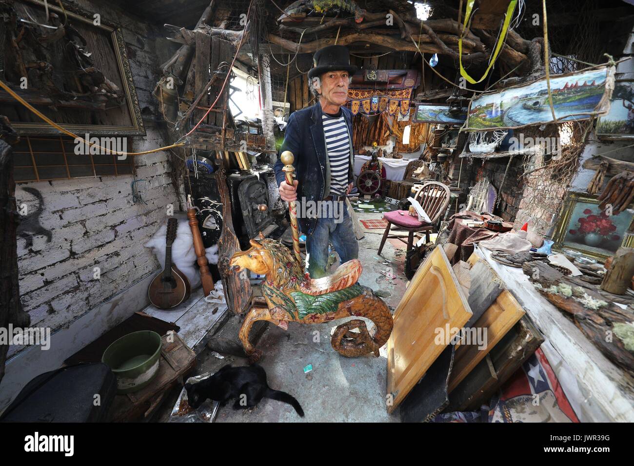 Boat builder Tom Newstead, 70, inside his shack in Seaton Sluice on the Northumberland coast, who has been collecting driftwood and objects from beaches for over 50 years. Stock Photo