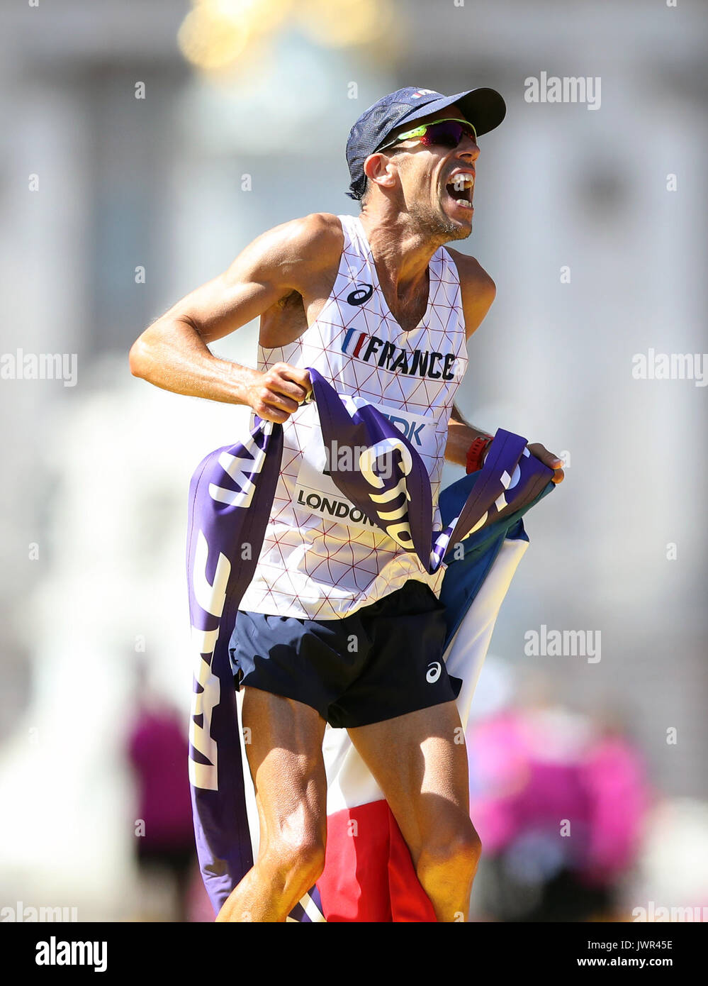 France's Yohann Diniz wins the Men's 50km Race Walk during day ten of the 2017 IAAF World Championships. Picture date: Sunday August 13, 2017. See PA story ATHLETICS World. Photo credit should read: John Walton/PA Wire. RESTRICTIONS: Editorial use only. No transmission of sound or moving images and no video simulation. Stock Photo