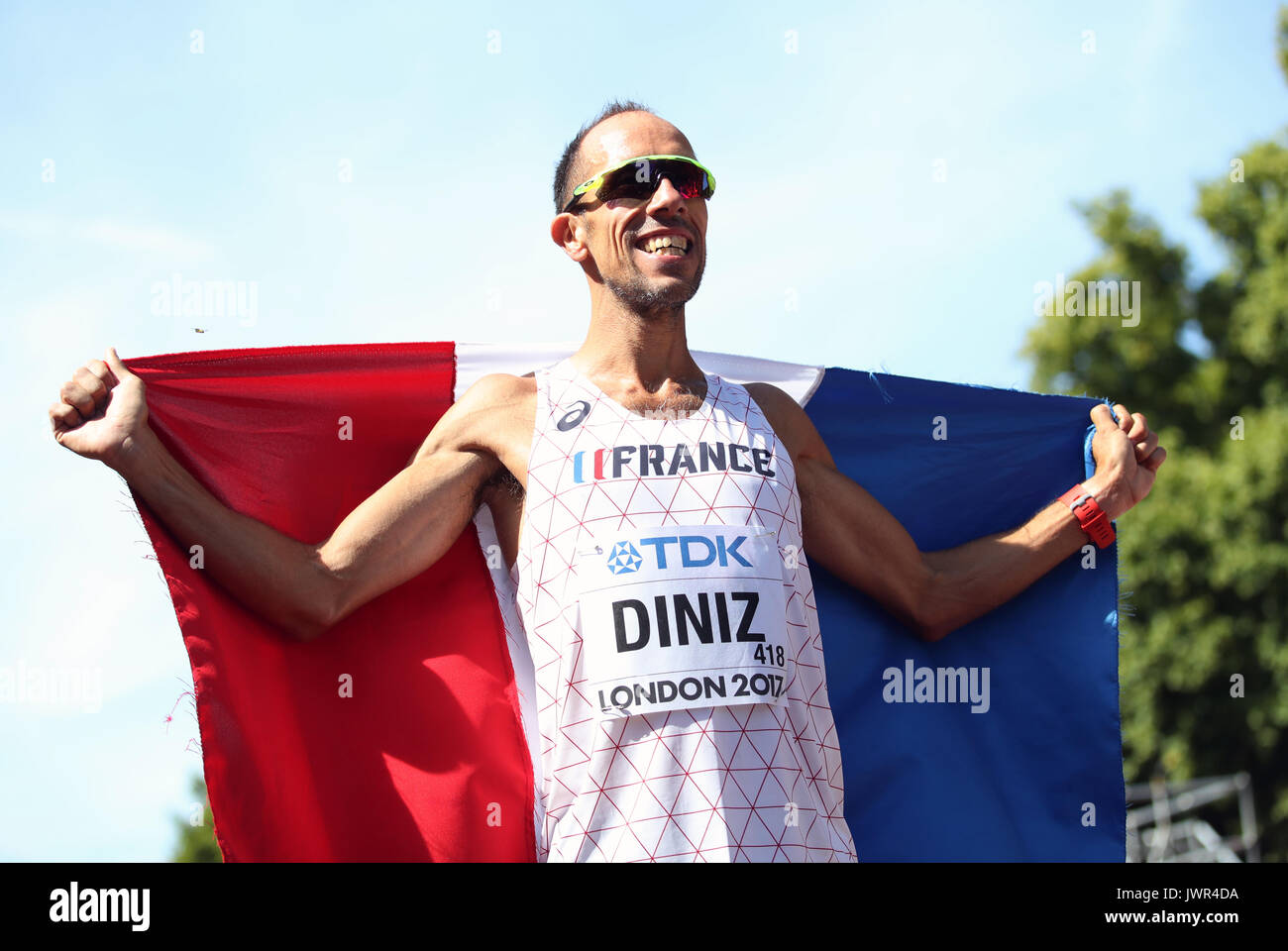 France's Yohann Diniz celebrates winning the Men's 50km Race Walk during day ten of the 2017 IAAF World Championships. Picture date: Sunday August 13, 2017. See PA story ATHLETICS World. Photo credit should read: John Walton/PA Wire. Stock Photo