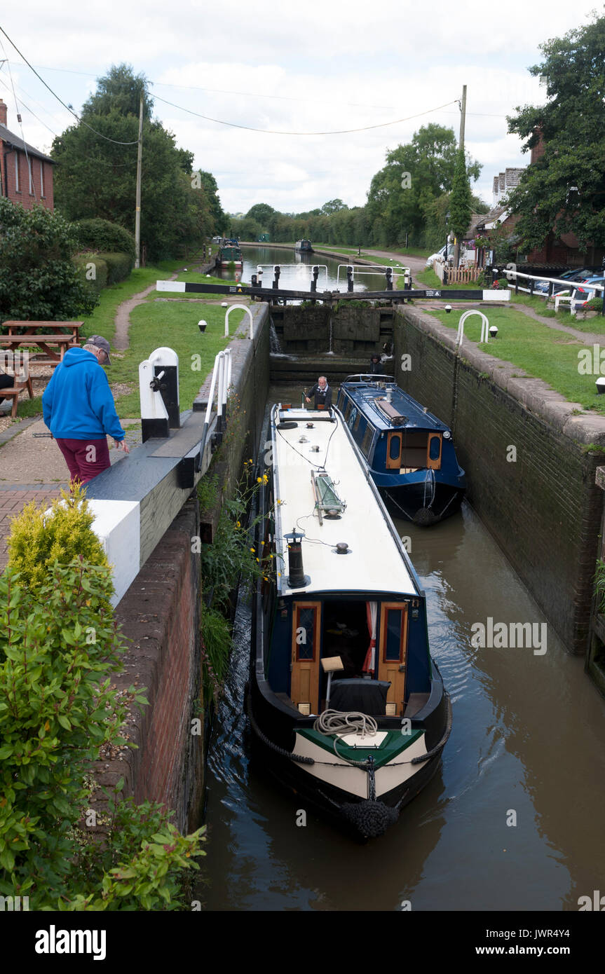 Narrowboats at Buckby Top Lock, Grand Union Canal, Northamptonshire, England, UK Stock Photo