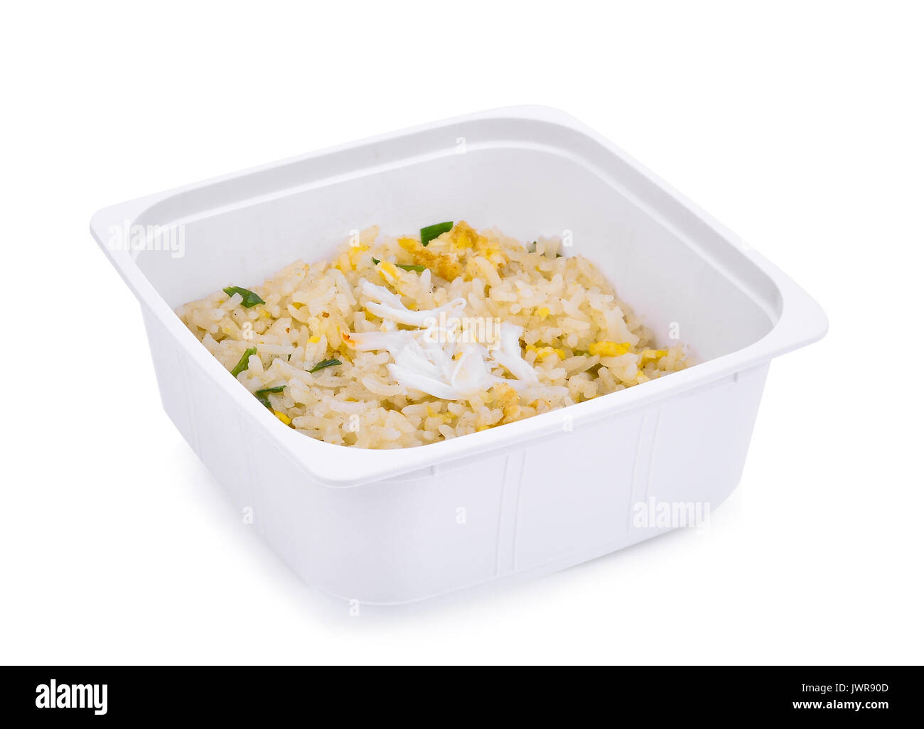 junk food, crab fried rice, in white plastic box isolated on white