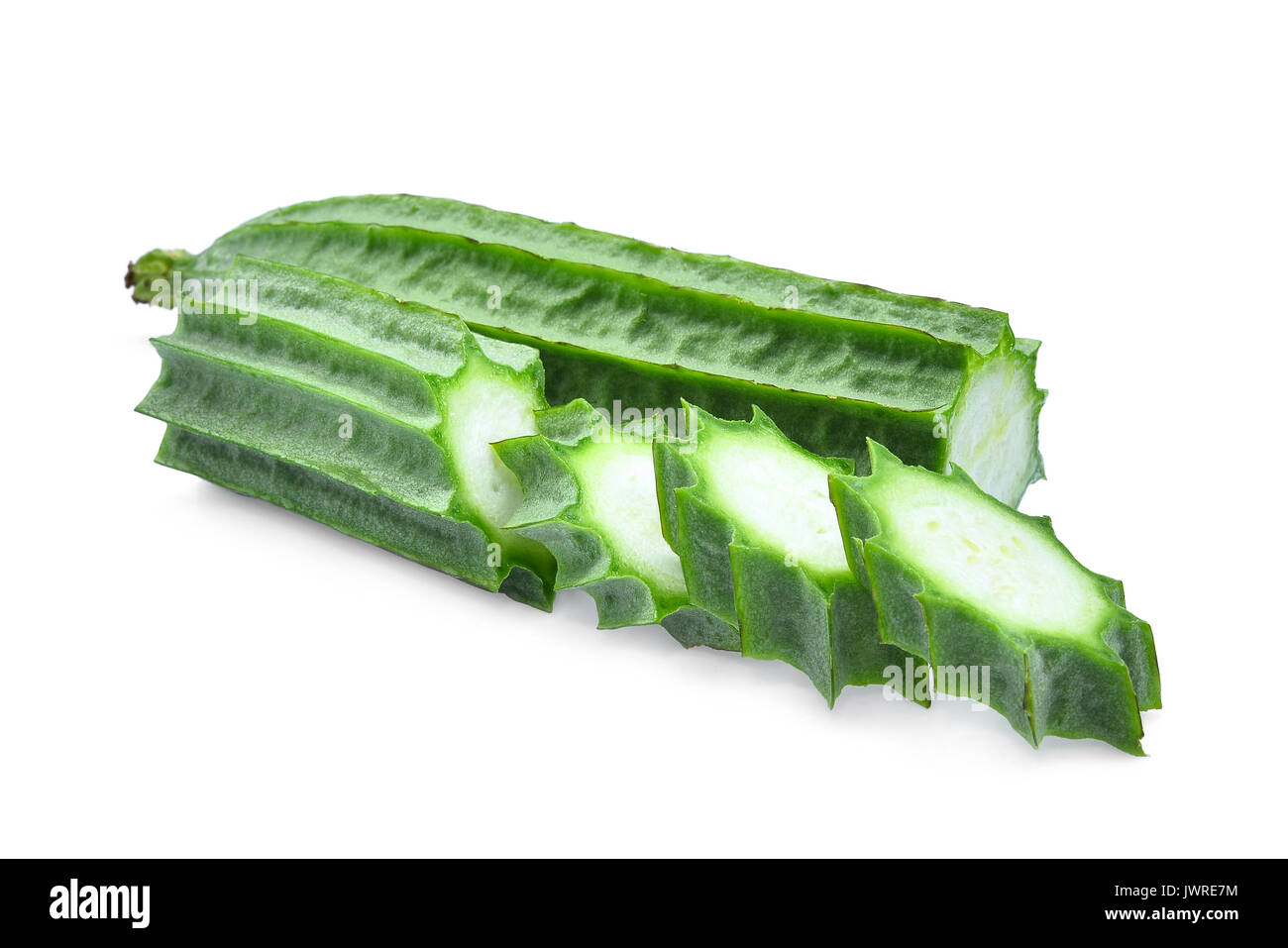 fresh green luffa acutangula with slice isolated on white background Stock Photo