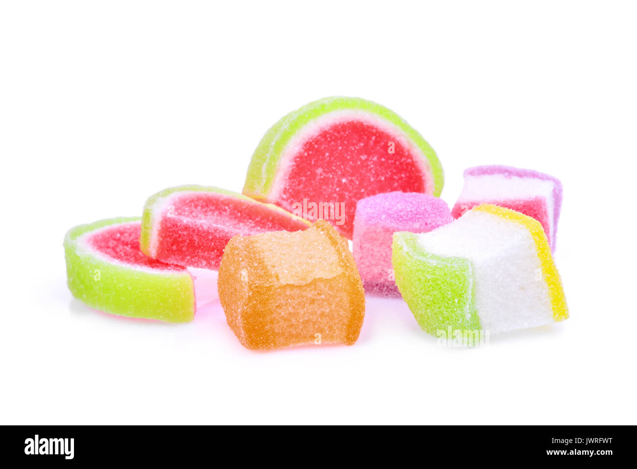 jelly sweet, flavor fruit or candy dessert colorful with sugar isolated on white background, food is not good for health Stock Photo