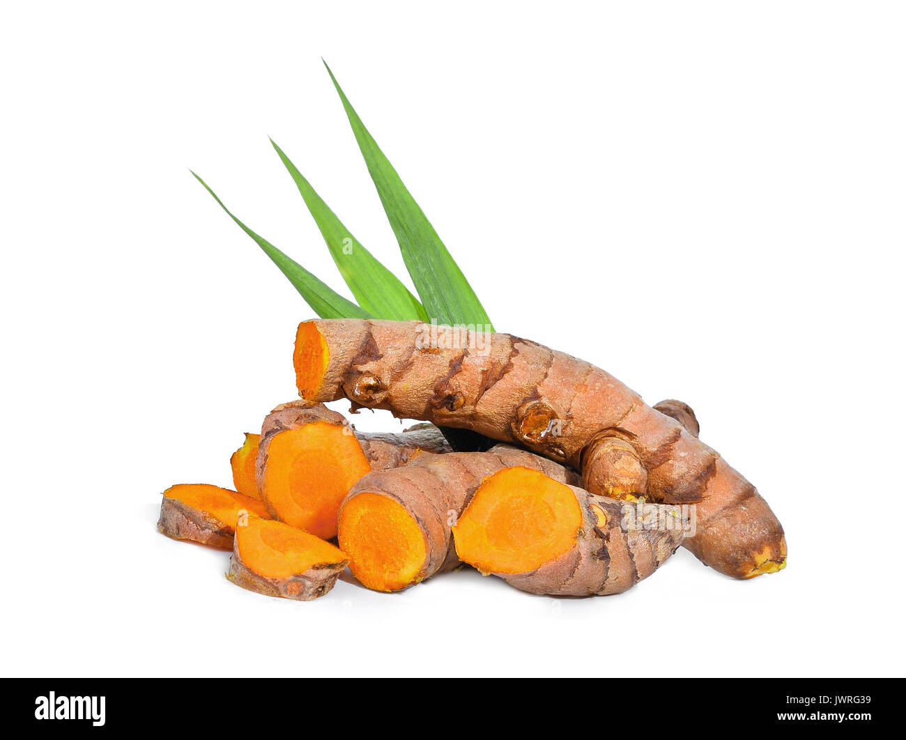 turmeric root with green leaves isolated on white background Stock ...