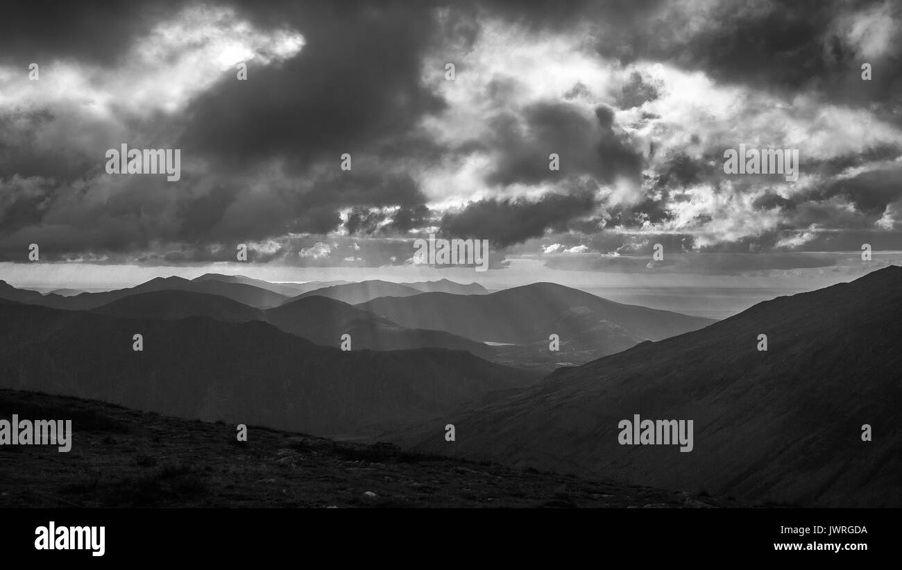 Black and white image of the Snowdon range from Y-Garn Stock Photo