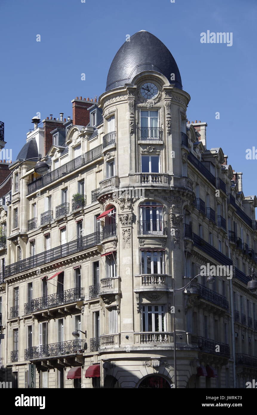 Paris, France, Place de Clichy, mid to late C19, typical solution where buildings intercept at an acute angle at major intersections, Stock Photo