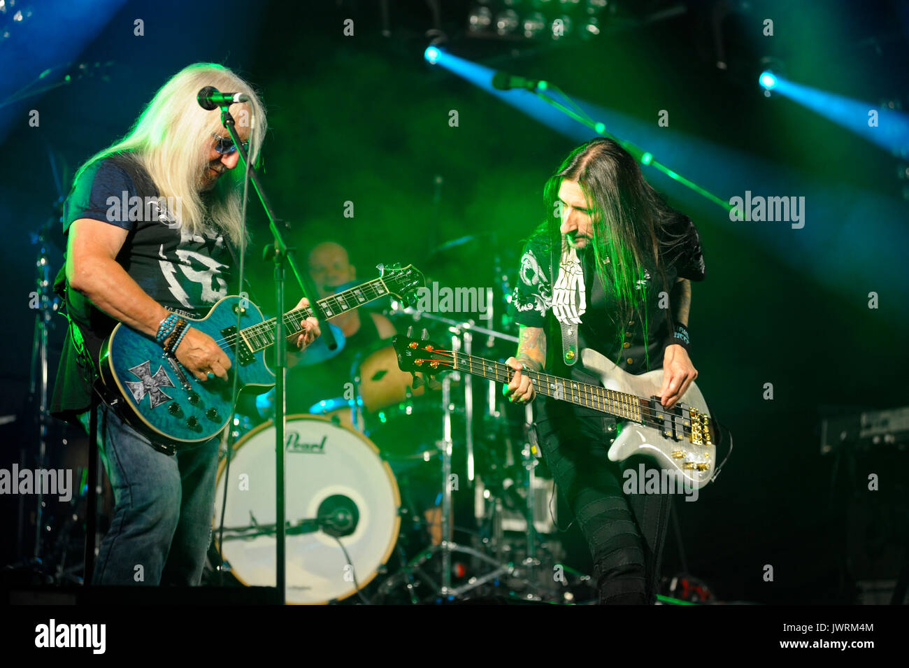 July 16, 2017. Kiev, Ukraine. Mick Box, guitarist, and Davey Rimmer, bass, performing during a concert of british rock band Uriah Heep. Stock Photo